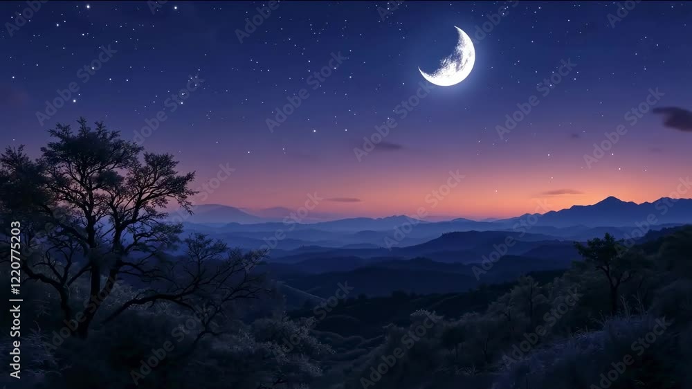 Serene Night Sky Mountainscape Stunning Crescent Moon Starry Landscape Serene Night Sky Mountainscape Stunning Crescent Moon Starry Landscape