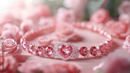 Valentine's day mockup with elegant heart bracelet and pink floral arrangement photo