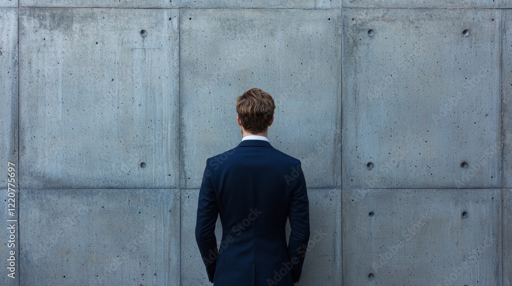 Businessman standing in front of a concrete wall viewed from behind Businessman standing in front of a concrete wall viewed from behind