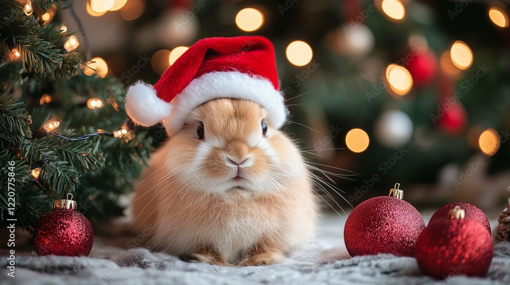 A fluffy rabbit wearing a Christmas hat near a Christmas tree A fluffy rabbit wearing a Christmas hat near a Christmas tree