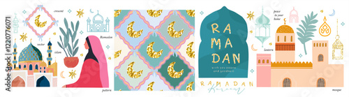 Ramadan kareem. Eid mubarak. Vector illustration of mosque, prayer, islamic festival, arabic street view arch and crescent moon seamless pattern for greeting card, postcard, poster and background