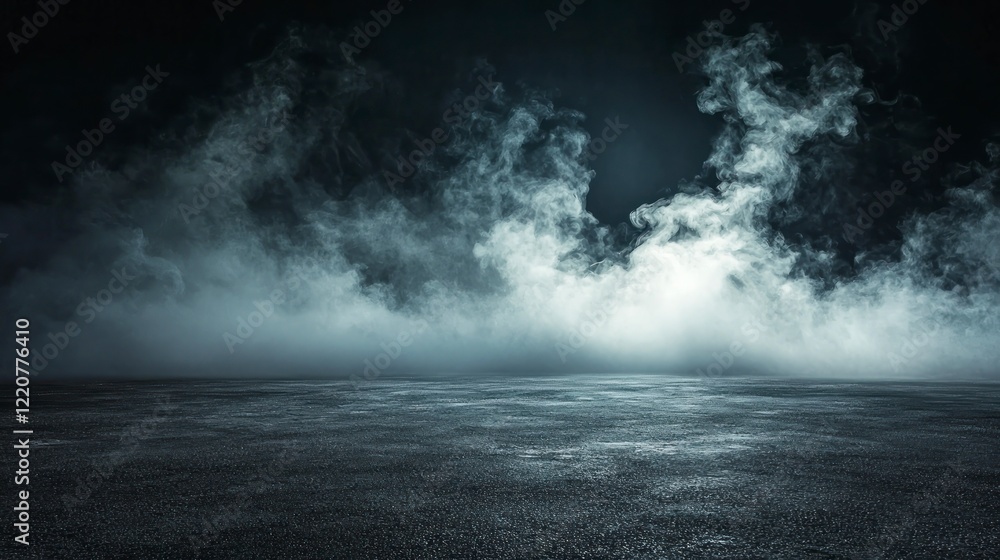 Dark background with fog and a wet asphalt surface. Dark background with fog and a wet asphalt surface.