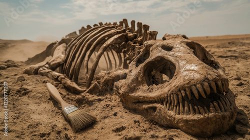 Team of Paleontologists Excavating Fossilized Dinosaur Remains in Desert Landscape photo