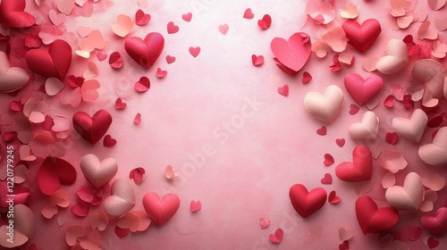 Romantic valentine's day background with flying red and pink paper hearts