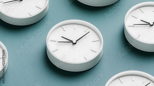 Many white round clocks on a blue surface concept