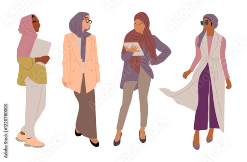Set of arabic woman in hijab vector flat realistic illustration. Collection of stylish muslim business female person in trendy clothes isolated on white background. Saudi girls in traditional outfit.