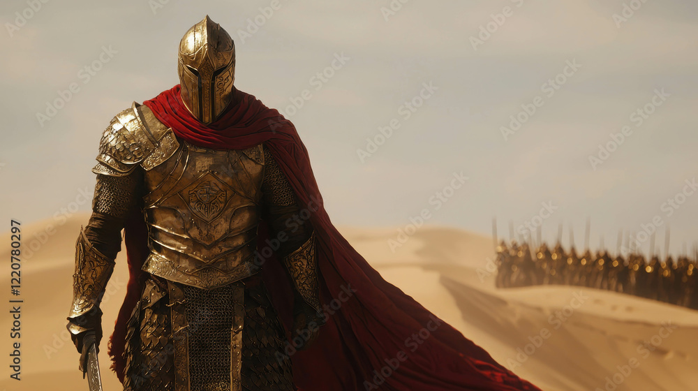 Obraz premium Majestic Warrior Emperor Standing Proudly on Sand Dune with a Vibrant Red Cloak Flowing