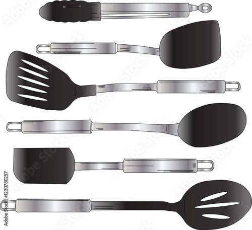 Illustration of 6 sets of cooking equipment. 