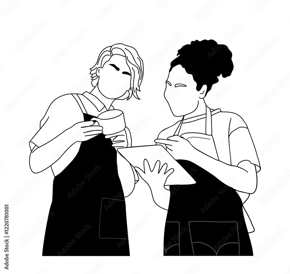 Two young women, small business owners standing wearing aprons with laptop. Outline hand drawn sketch illustration isolated on white background. Two young women, small business owners standing wearing aprons with laptop. Outline hand drawn sketch illustration isolated on white background.