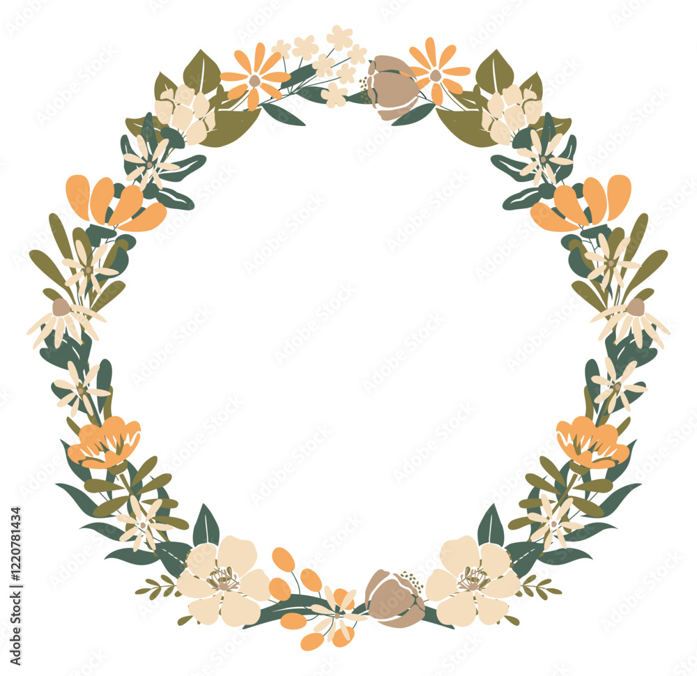 Fototapeta premium Floral wreath. Wild Flowers and leaves circle frame. Botanical design element with delicate blossomed plants. Floristic nature decoration. Flat vector illustration isolated on white background.