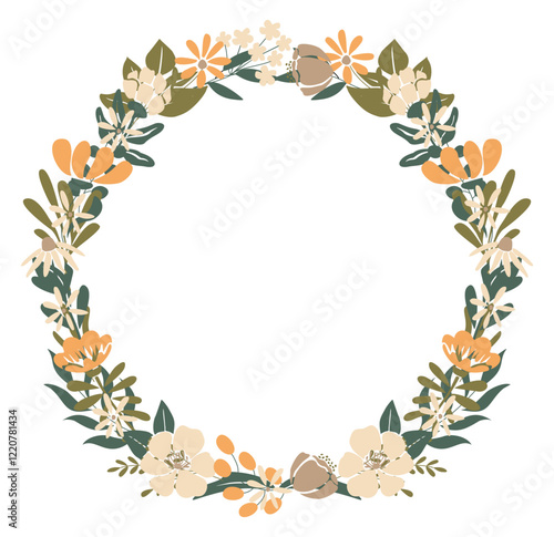 Floral wreath. Wild Flowers and leaves circle frame. Botanical design element with delicate blossomed plants. Floristic nature decoration. Flat vector illustration isolated on white background.