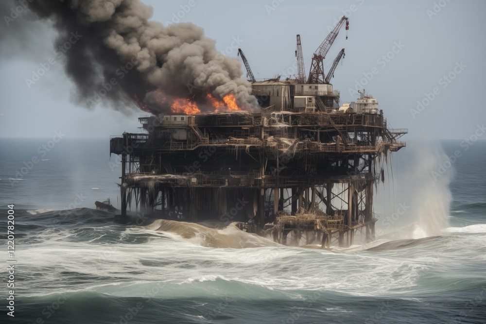 Fototapeta premium Burning oil rig engulfed in smoke and flames with turbulent ocean waves below