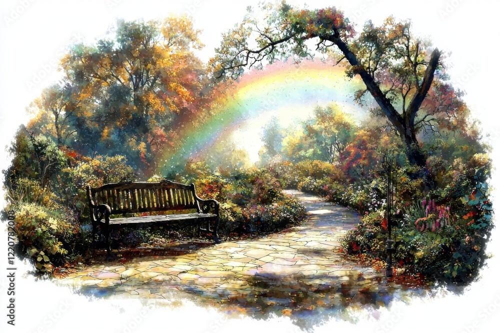 Serene Garden Pathway with Rainbow and Wooden Bench Surrounded by Colorful Autumn Foliage Serene Garden Pathway with Rainbow and Wooden Bench Surrounded by Colorful Autumn Foliage