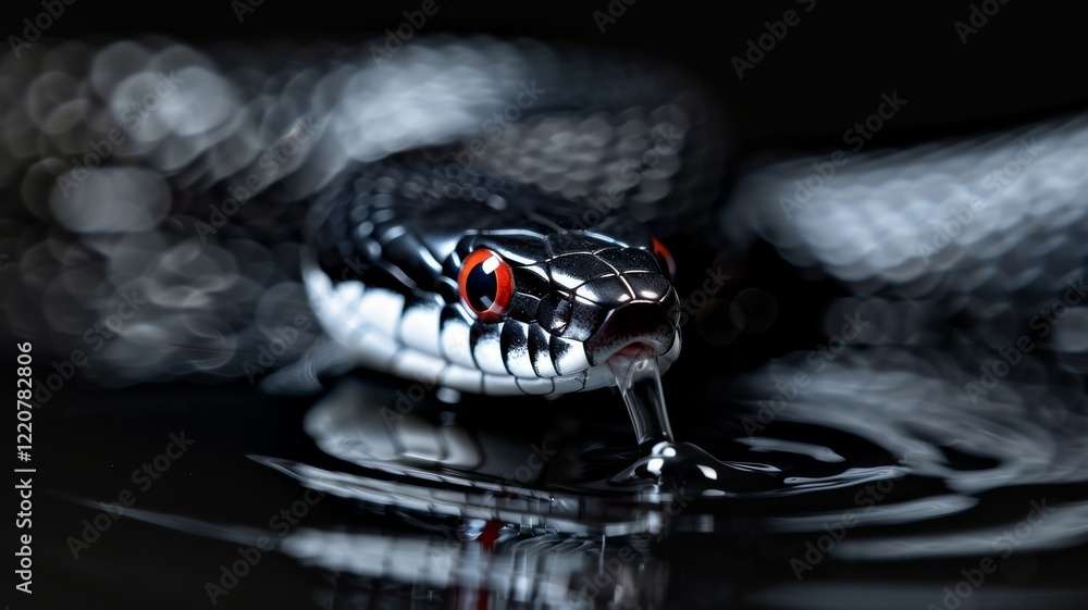 Fototapeta premium Snake Emerging from Water: A red black snake slithering out of a calm forest stream. The water ripples around its body. Reptile. Wildlife. Snakes.
