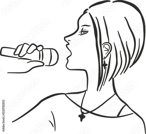 マイクを持って歌う女性ボーカリストの線画イラスト