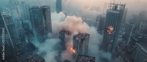 Fototapeta Naklejka Na Ścianę i Meble -  Cinematic aerial view of a futuristic city engulfed in smoke after explosions, showcasing a dystopian urban landscape