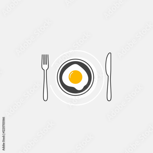 Illustration of a plate with a fried egg, fork, and knife on a neutral background
