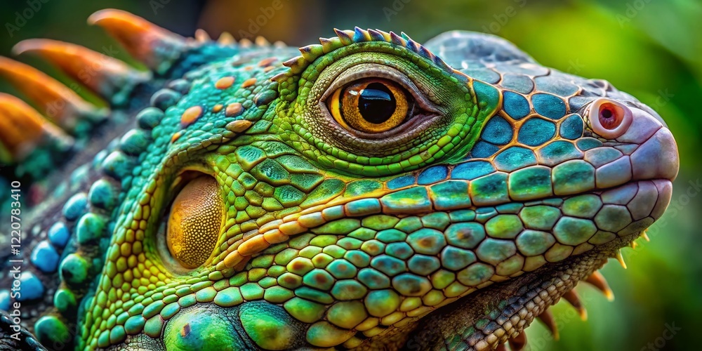 Fototapeta premium Lesser Antillean Iguana Close-Up: Macro Photography of Iguana delicatissima's Scales and Details