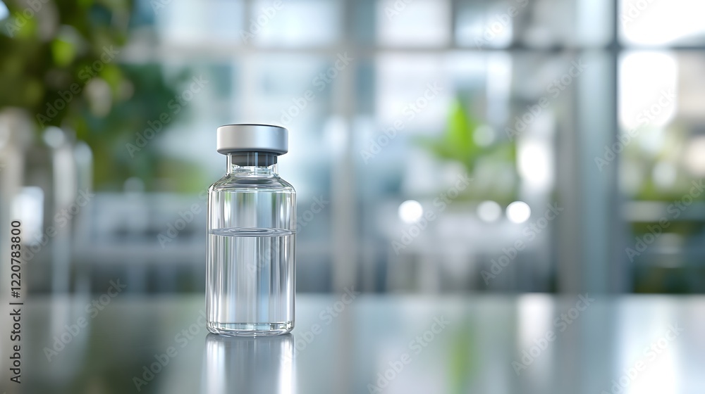 Vaccine Vial and Syringe with Blurred Clinic Background for Healthcare Advertising and Public Vaccine Vial and Syringe with Blurred Clinic Background for Healthcare Advertising and Public