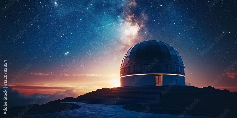 A serene observatory dome sits atop a mountain as the twilight sky sparkles with countless stars and the Milky Way stretches across the horizon, creating a captivating scene A serene observatory dome sits atop a mountain as the twilight sky sparkles with countless stars and the Milky Way stretches across the horizon, creating a captivating scene