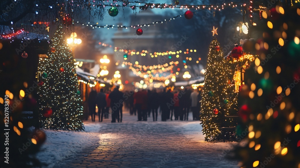 Obraz premium Christmas market celebration city street photography winter wonderland from sidewalk festive spirit