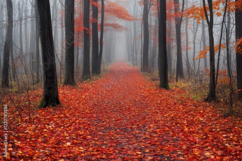 A misty forest trail covered in red and orange leaves, framed by towering autumn trees photo