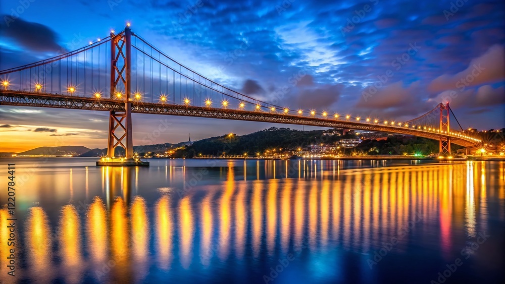 Fototapeta premium Lisbon Night Panorama: Modern Cable-Stayed Bridge Illuminates Cityscape