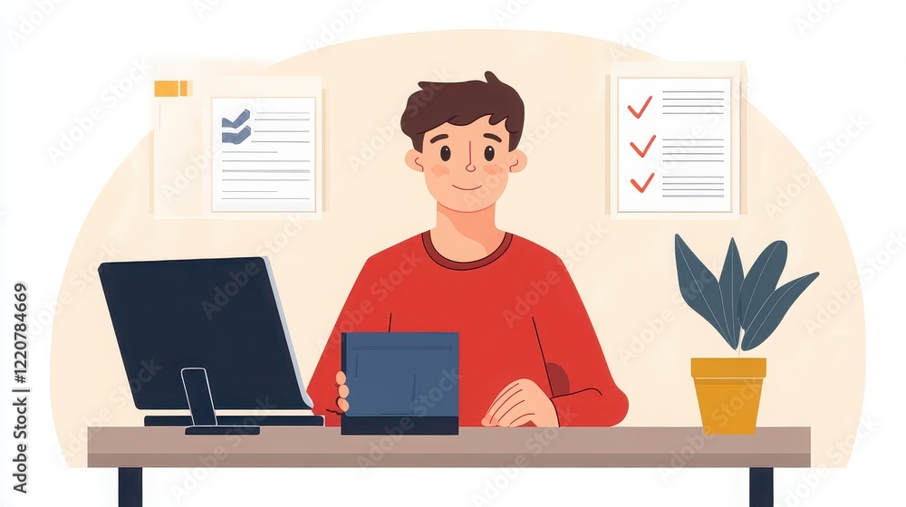 A young man answering questions on an online survey about remote work preferences. A young man answering questions on an online survey about remote work preferences.