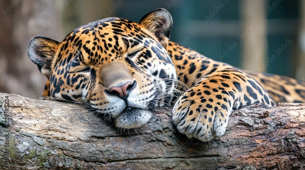 Obraz premium A close-up of a jaguar resting on a tree branch in the rainforest, looking calm and alert. 
