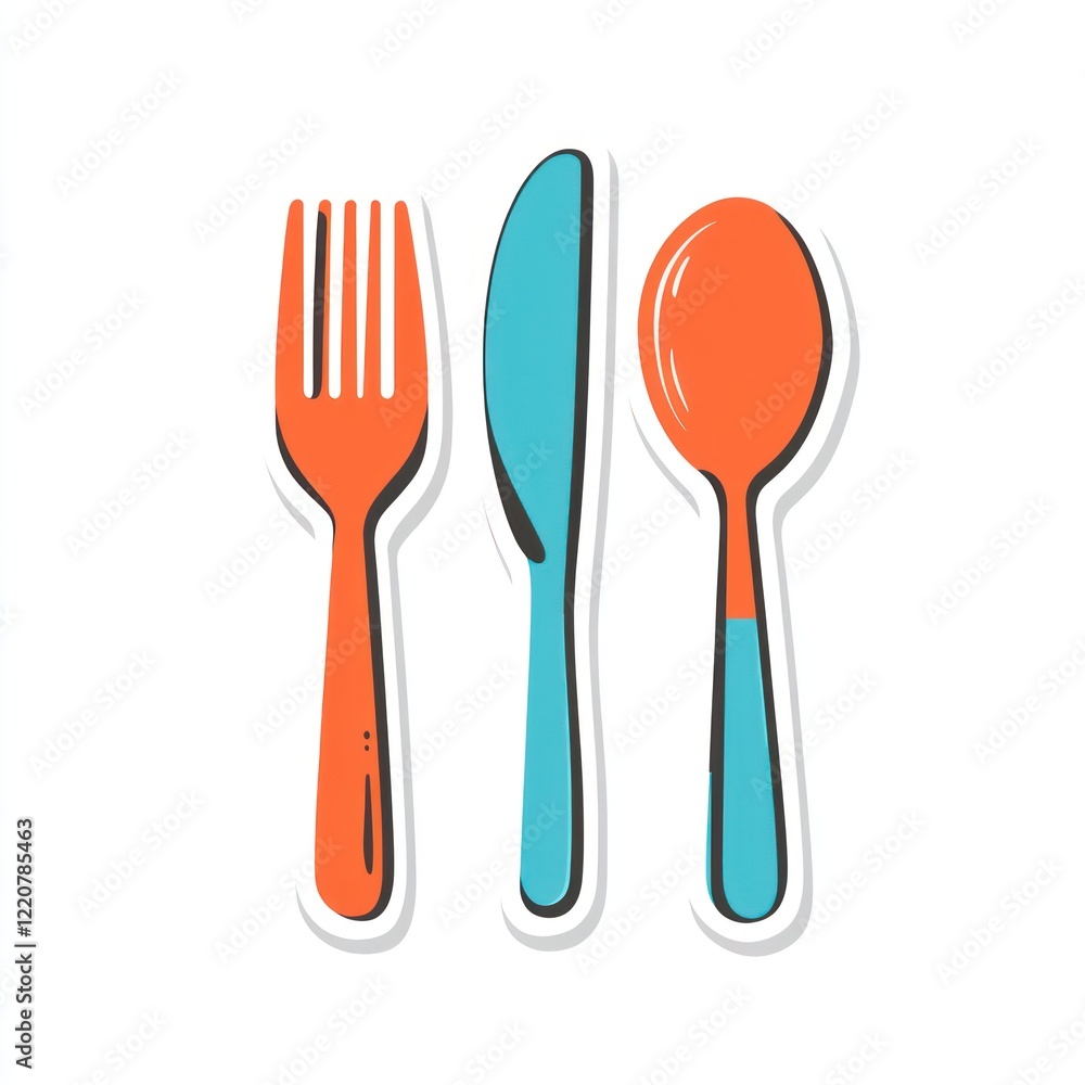Flat lay of orange fork, blue knife and spoon. Illustration used for menu design Flat lay of orange fork, blue knife and spoon. Illustration used for menu design