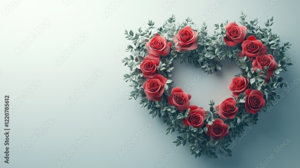 Red roses arranged in heart shape on white background for romantic decor or valentine's day Red roses arranged in heart shape on white background for romantic decor or valentine's day