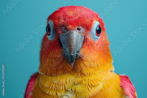 Colorful Parrot on Blue Background, Close-up Portrait photo