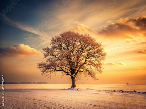 Lonely Winter Tree in Frosty Field - Vintage Style Stock Photo