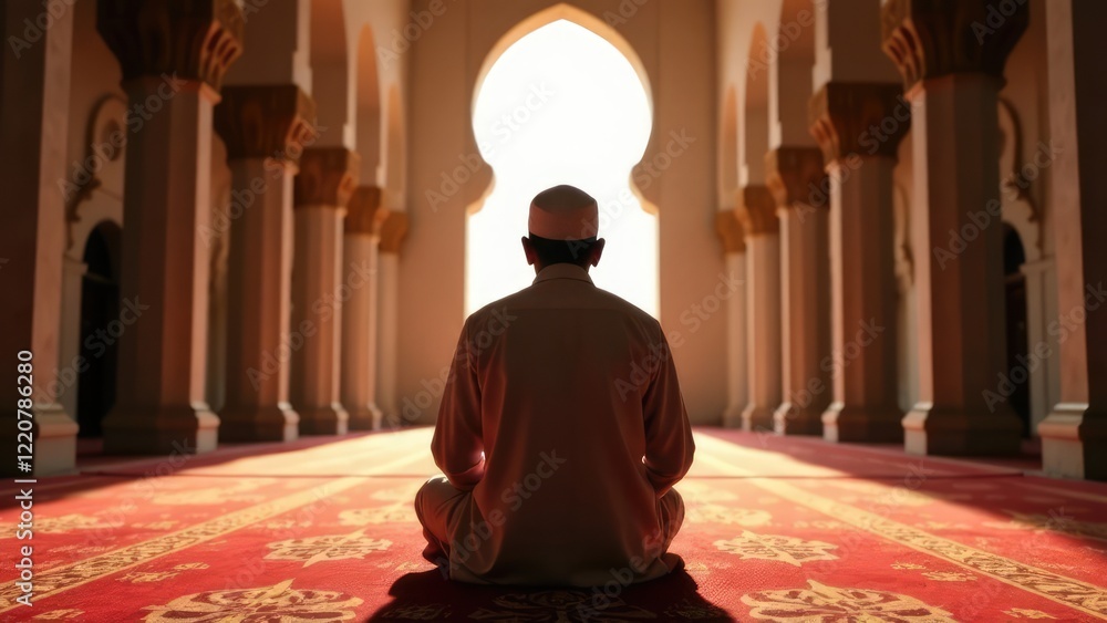 A Muslim man is meditating in a mosque with sunlight streaming through the arches. Concept of spiritual serenity. A Muslim man is meditating in a mosque with sunlight streaming through the arches. Concept of spiritual serenity.