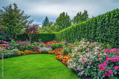 Fototapeta Naklejka Na Ścianę i Meble -  A peaceful garden with a variety of colorful flowers and a vibrant green hedge