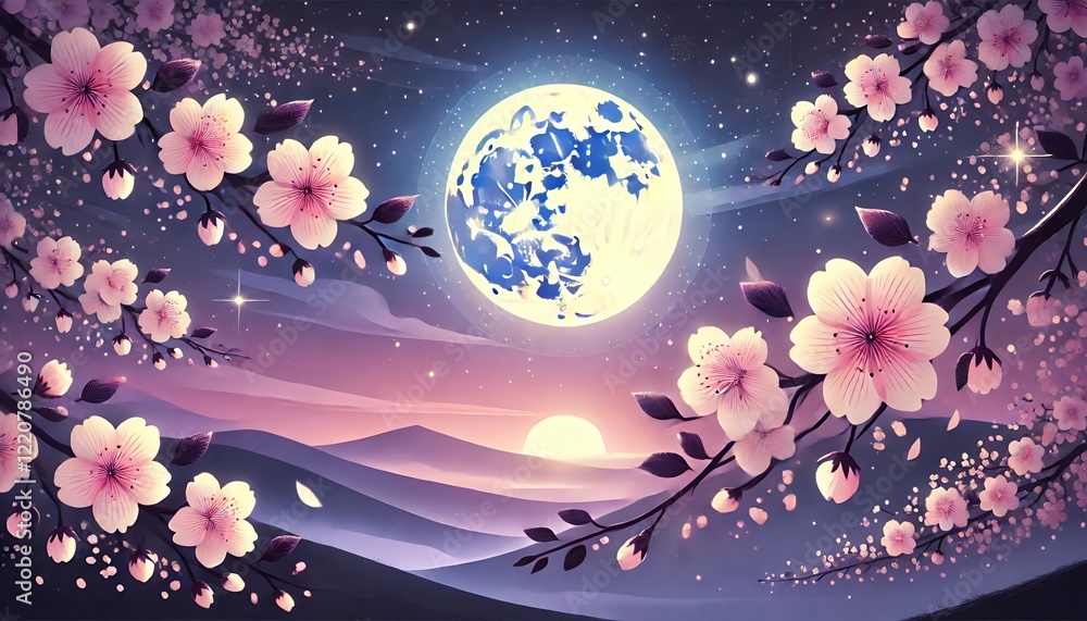 Fototapeta premium Blossoming Night Harmony Under the Full Moon Glow