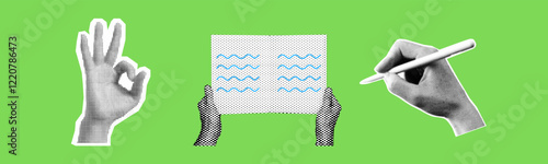 education is cool concept template design set with hand writing reading book ok gesture isolated on green background retro grunge dotted halftone vector cutout collage element