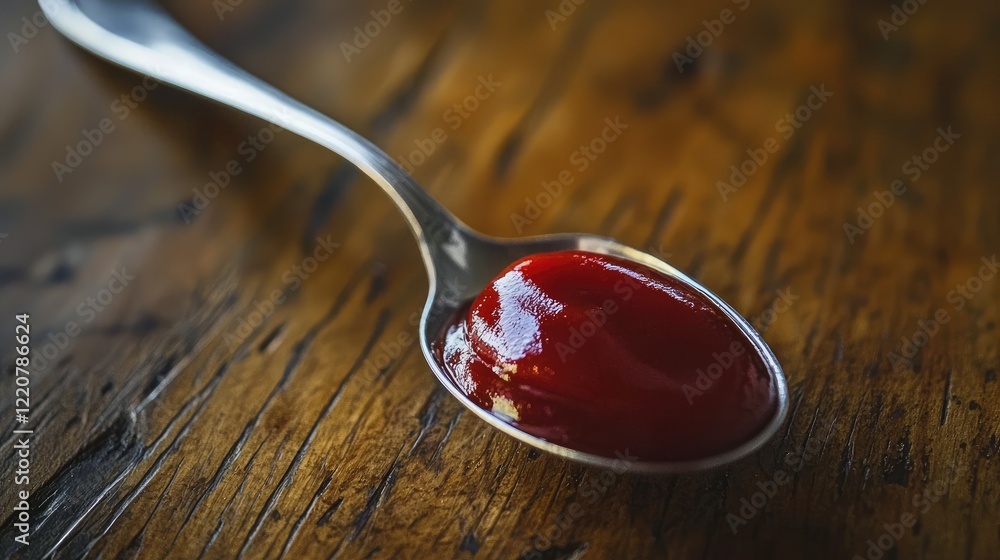 A close-up of a spoonful of thick, rich ketchup on a wooden table. A close-up of a spoonful of thick, rich ketchup on a wooden table.