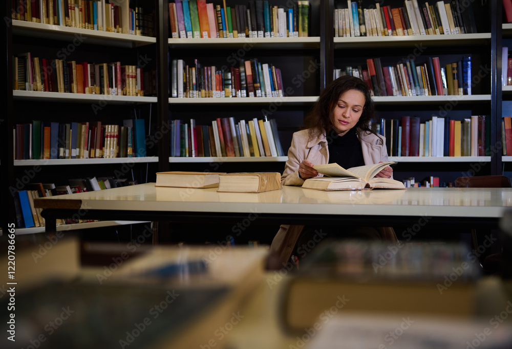 Woman reading in a library surrounded by books and shelves Woman reading in a library surrounded by books and shelves