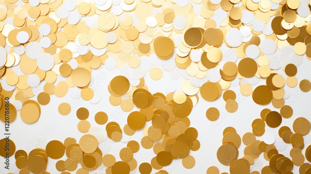 A close-up view of scattered golden confetti with varying sizes and shapes, creating a dazzling effect on a clean white surface A close-up view of scattered golden confetti with varying sizes and shapes, creating a dazzling effect on a clean white surface