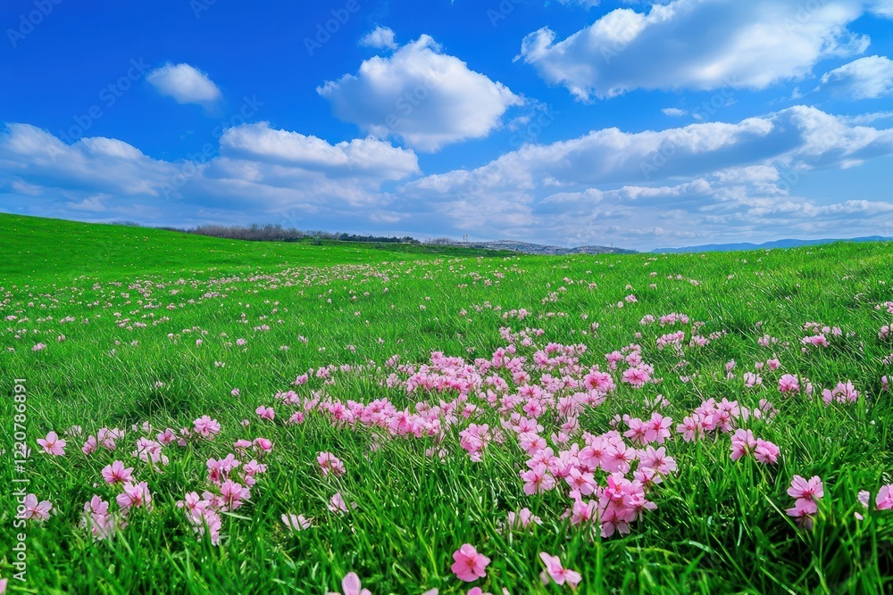 A peaceful meadow with pink cherry blossoms scattered across fresh green grass A peaceful meadow with pink cherry blossoms scattered across fresh green grass