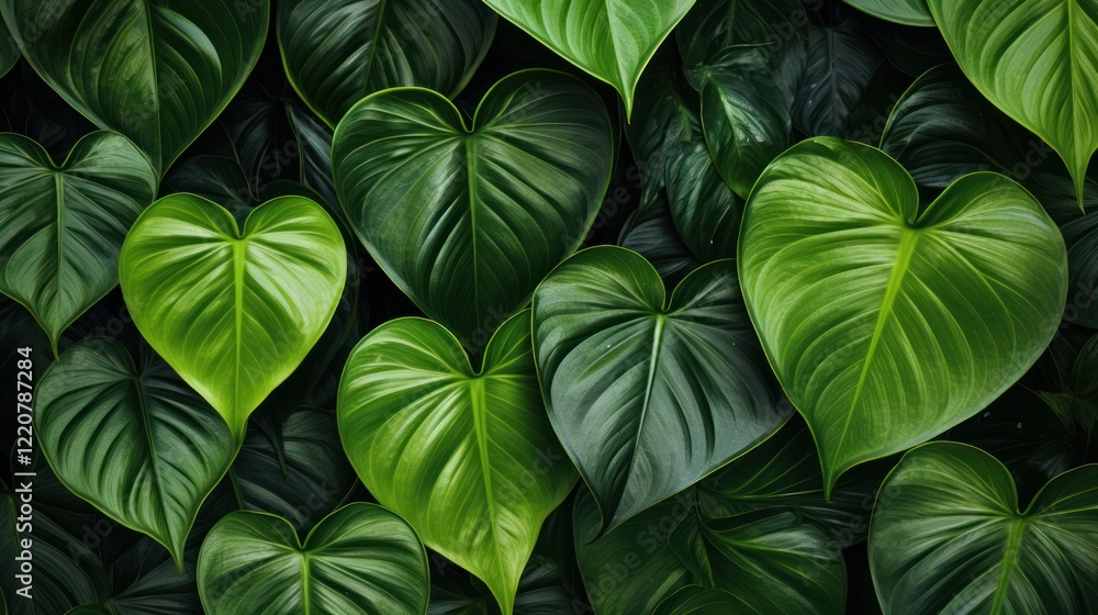 A detailed view of large, heart-shaped philodendron leaves with a focus on the prominent veins and vibrant green hue A detailed view of large, heart-shaped philodendron leaves with a focus on the prominent veins and vibrant green hue
