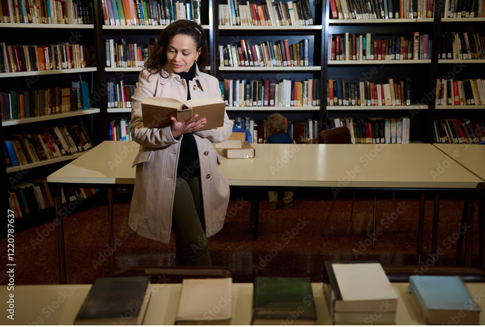 Woman reading in a library surrounded by bookshelves and tables Woman reading in a library surrounded by bookshelves and tables