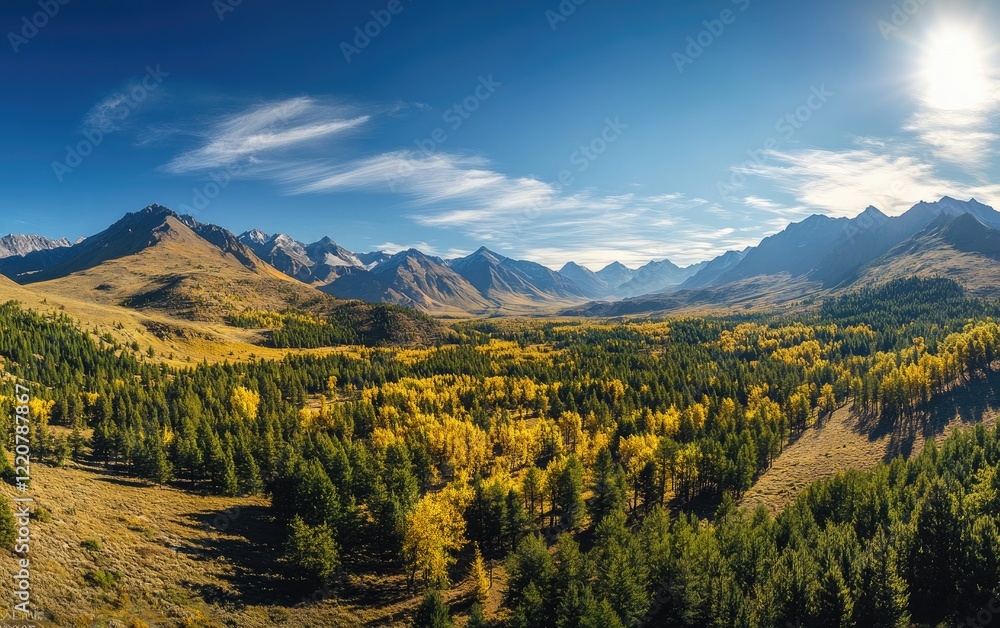 Obraz premium Aerial view of a green forest landscape with mountains in the background, The shot is wide, with a clear blue sky and a sunny day. 