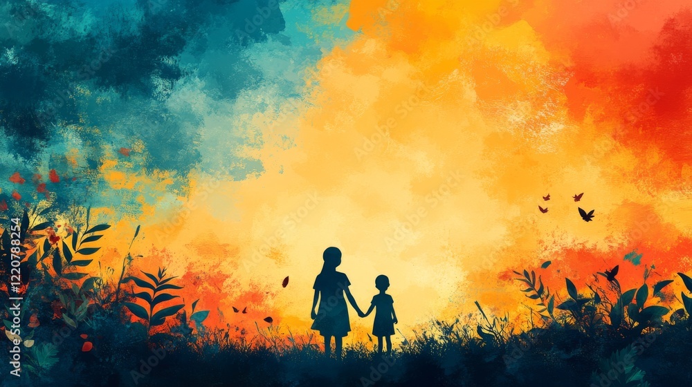 Silhouetted Figures at Dusk: A vibrant abstract painting showcasing two children holding hands against a colorful sky Silhouetted Figures at Dusk: A vibrant abstract painting showcasing two children holding hands against a colorful sky