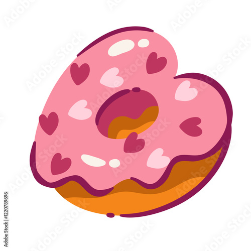 Sweet cartoon donut in shape of heart with pink icing and candy sprinkles on top. Funny doughnut with glaze as love gift. Valentines day, bakery mascot, cartoon cute donut vector illustration