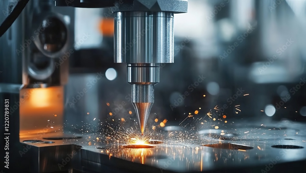 A close-up shot of an advanced machine in action, with visible sparks and light reflections on the metal surface as it screws out a small hole from its head A close-up shot of an advanced machine in action, with visible sparks and light reflections on the metal surface as it screws out a small hole from its head
