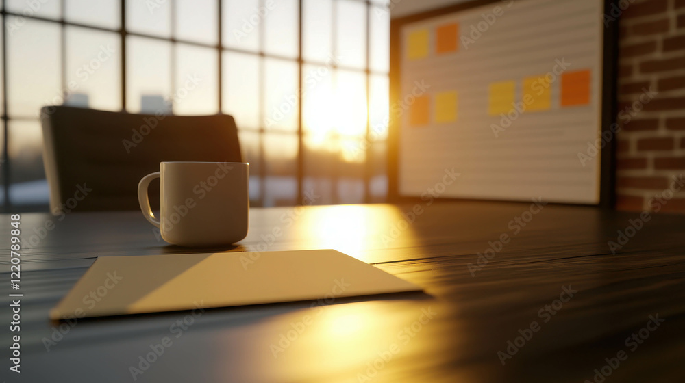 Fototapeta premium Bright Executive Office with Large Windows and Warm Morning Light Illuminating Workspace