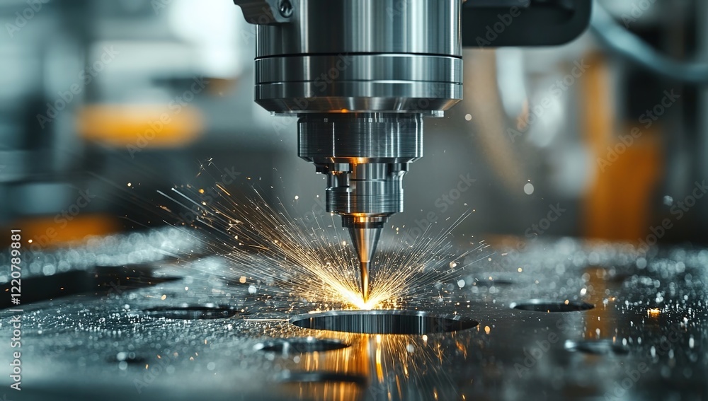 A close-up shot of an advanced machine in action, with visible sparks and light reflections on the metal surface as it screws out a small hole from its head A close-up shot of an advanced machine in action, with visible sparks and light reflections on the metal surface as it screws out a small hole from its head