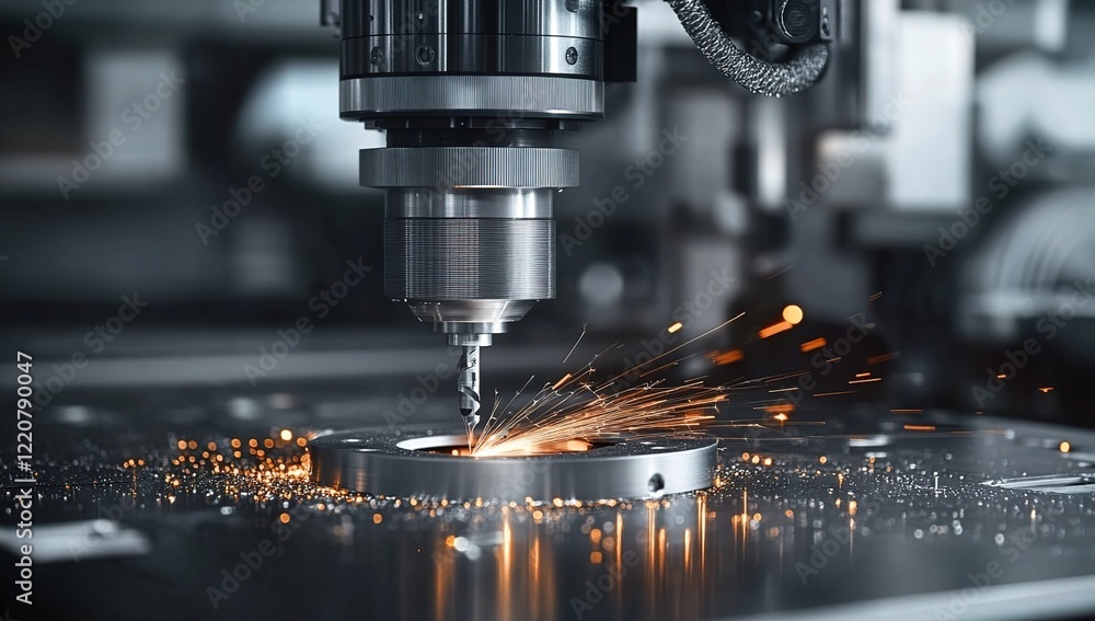 A close-up shot of an advanced machine in action, with visible sparks and light reflections on the metal surface as it screws out a small hole from its head A close-up shot of an advanced machine in action, with visible sparks and light reflections on the metal surface as it screws out a small hole from its head
